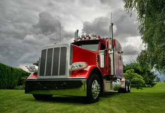 image of red semi cab parked on green grass from a low angle