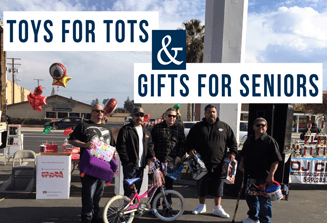 Image of ACI staff standing in front of toy donation boxes, holding different toys, text over the image reads "Toys for Tots & Gifts For Seniors"