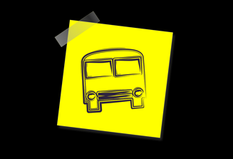 graphic of black background, a yellow sticky note with a drawn school bus on top