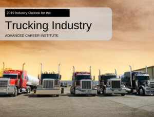 image of semi trucks lined up next to each other, "text that reads 2019 Industry Outlook for the Trucking Industry" in the top left corner