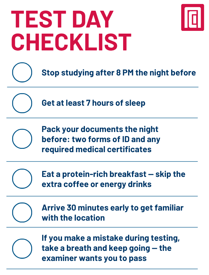 CDL test day checklist infographic with six tips: stop studying by 8 PM, get 7 hours of sleep, pack required documents, eat a protein-rich breakfast, arrive 30 minutes early, and stay calm if you make a mistake