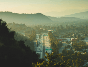 Drone shot of busy highways in California