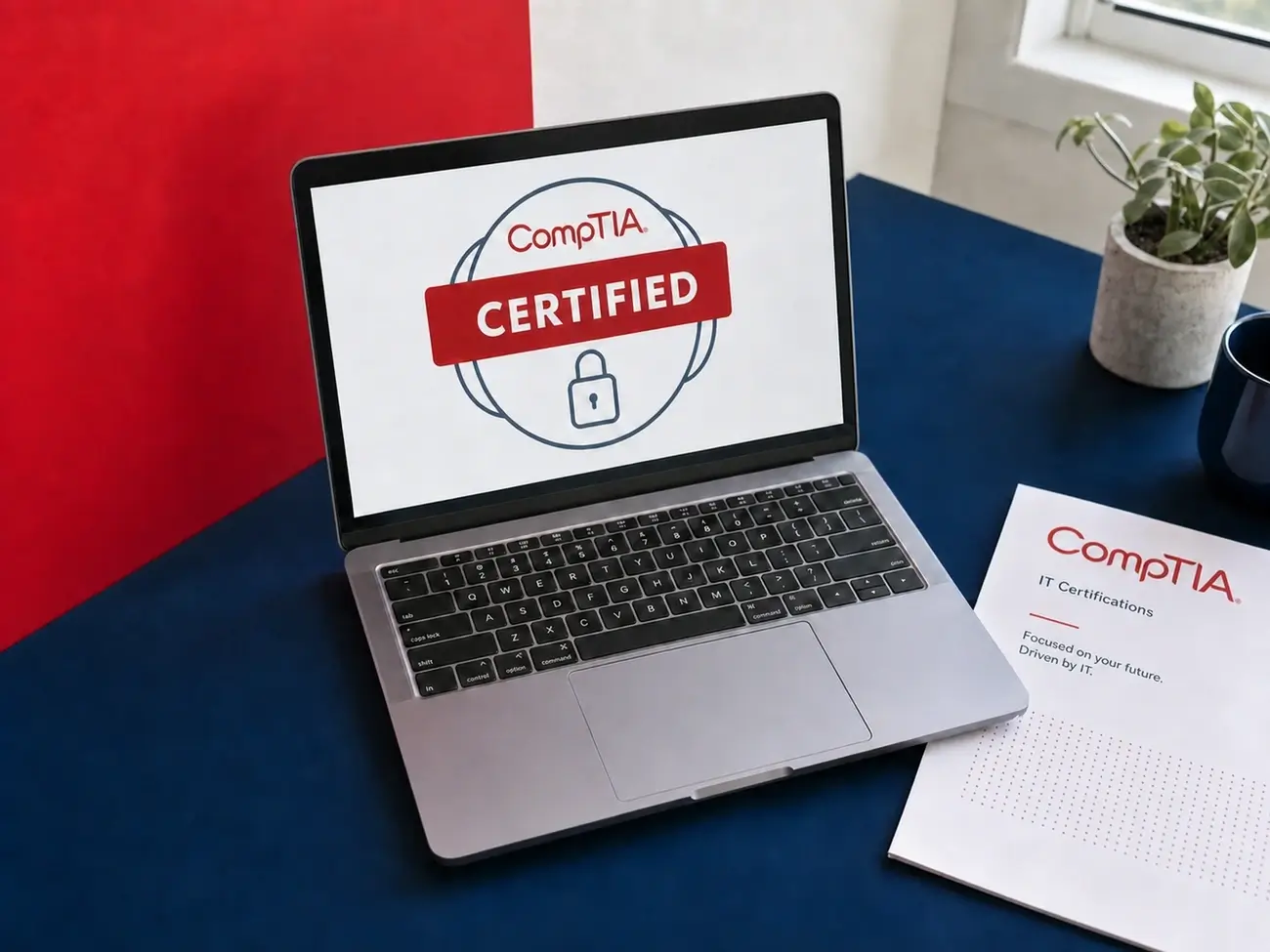 laptop with text reading comptia certification on table