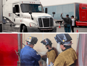 Top image of an ACI semi truck and bottom image of three welders