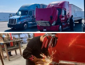 Split image showing CDL truck driver training at a trucking school and a welding student at a trade school